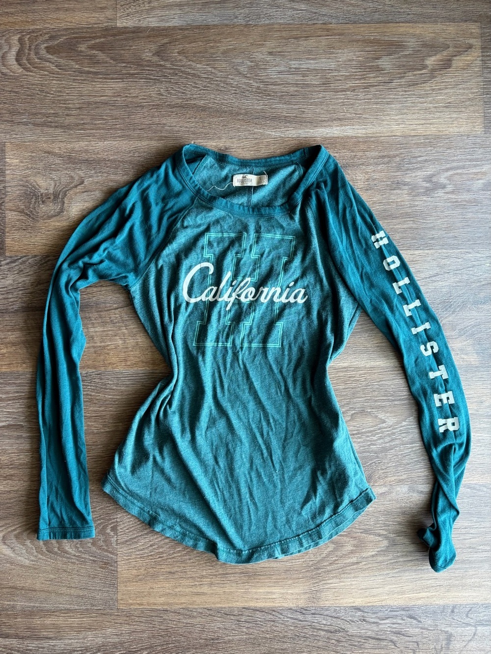 Y2K Hollister California Long Sleeve Baby Tee Small Dark Blue Green 2000s preppy